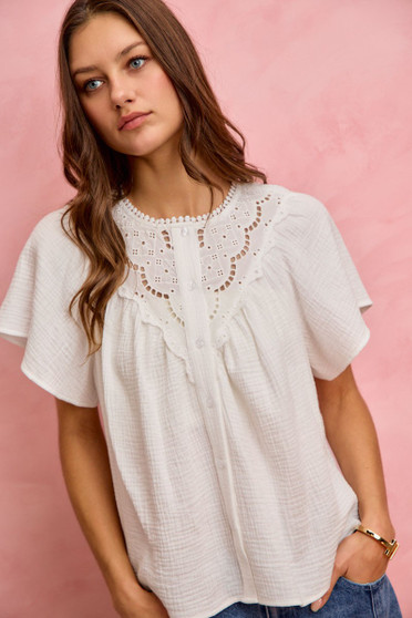 SO ME Cotton Gauze Lace Trim Flutter Sleeves Blouse Top