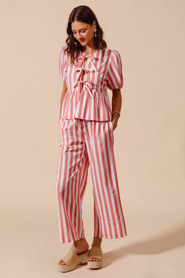 SO ME Front Tie Stripe Top With Puff Sleeves and Wide Leg Pants Set