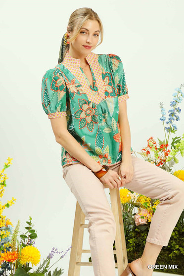 Umgee Mixed Abstract Print Puff Sleeve Blouse