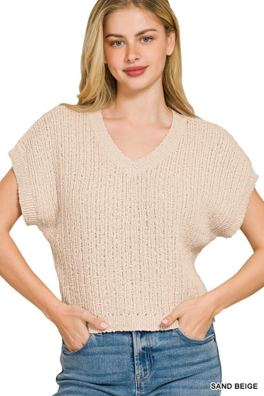 Zenana Textured Knit V-Neck Cropped Sweater