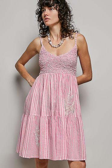 POL Striped Smocked Embroidered Mini Dress