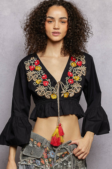 POL Floral Embroidered Cropped Blouse