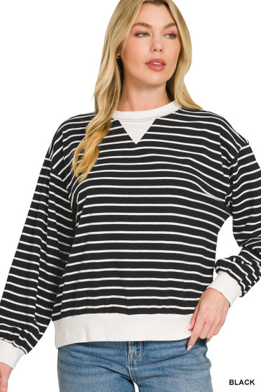 Zenana Striped Rib Banded Sweatshirt