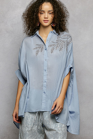 POL Button Down Embroidered Floral High-Low Hem Shirt