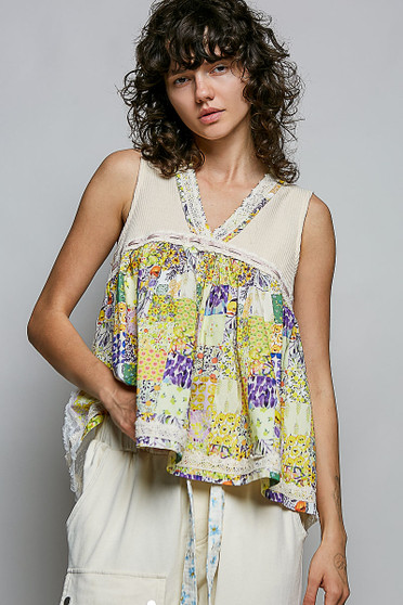 POL Floral V-Neck Sheer Tank with Lace Trim