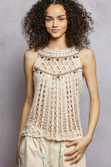 POL Halter Neck Sleeveless Crochet Top with Seashell & Mirror Dangle Trim