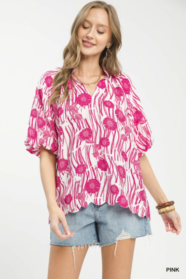 Umgee Floral Scalloped Edge Puff Sleeve Blouse with High-Low Curved Hem