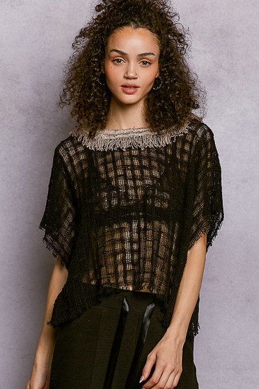 POL Texture Raw Hem Round Neck Short Sleeve Top