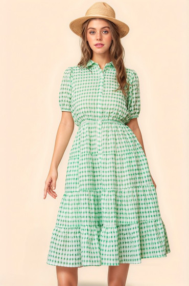 Davi & Dani Checkered Puff Sleeve Tiered Shirt Dress