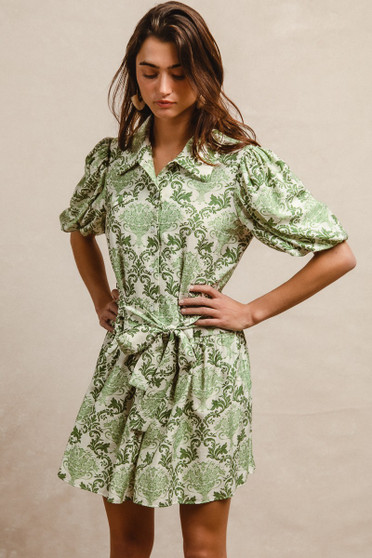 BiBi Tied Floral Short Sleeve Mini Shirt Dress