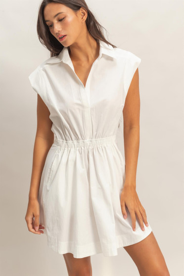 Sleeveless Collared Shirred Mini Dress