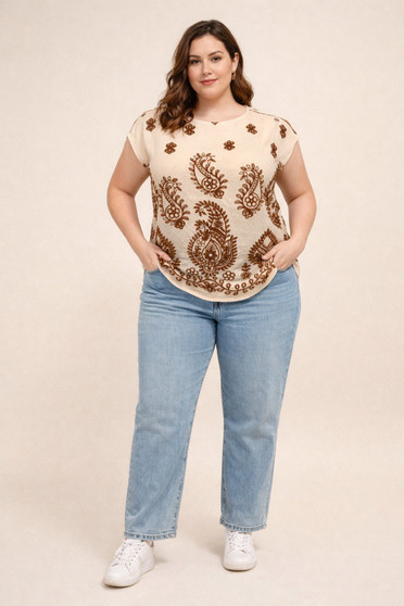 Plus Size Paisley Border Print Button-Shoulder Top