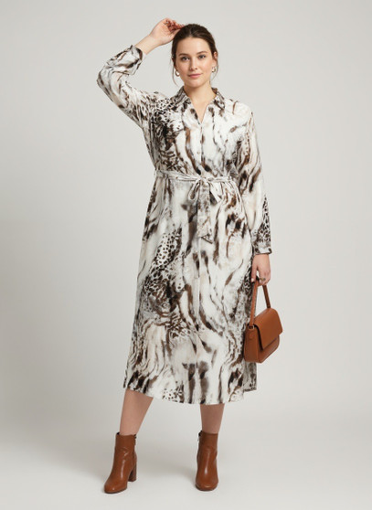 Animal Print Belted Button-Front Midi Shirt Dress