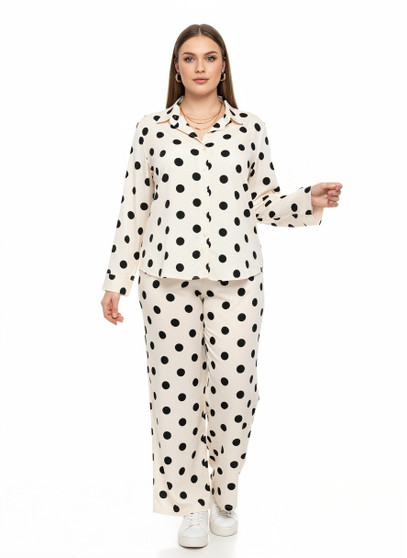 Dot Button-Up Top & Wide Leg Pants Set