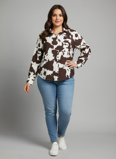 Cow Print Long Sleeve Button-Up Shirt