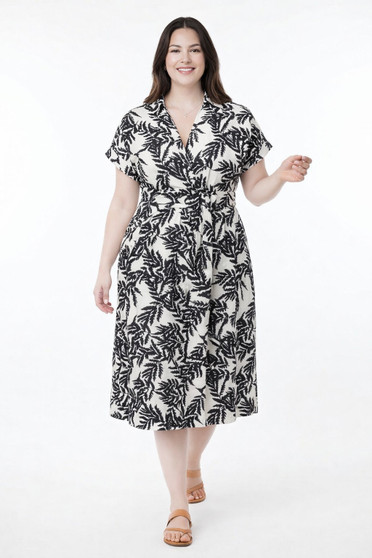 Botanical Print Collared Wrap Waist Midi Dress​​