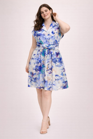 Plus Size Floral Waist Tie Shirt Dress​