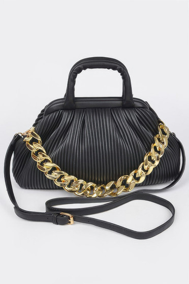 Pleated Faux Leather Top Handle Bag