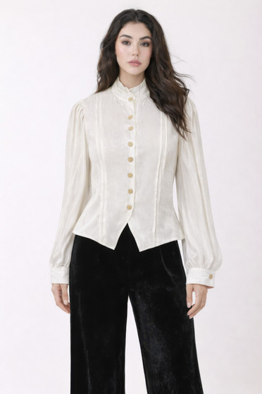 Elegant Satin-Finish Victorian Button-Up Top​