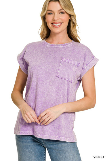 Zenana Halo Snow Washed Cuffed Short Sleeve Tee