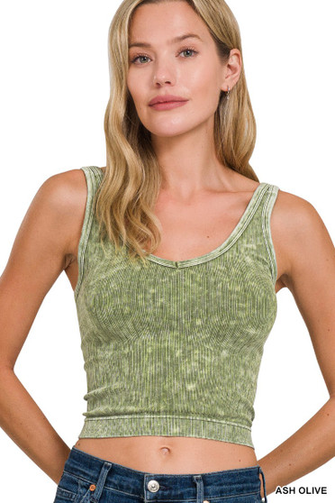 Zenana Washed Ribbed Seamless Cropped V-neck Tank Top