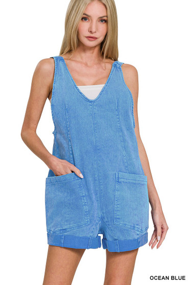 Zenana Washed Adjustable Strap Romper Denim With Pocket