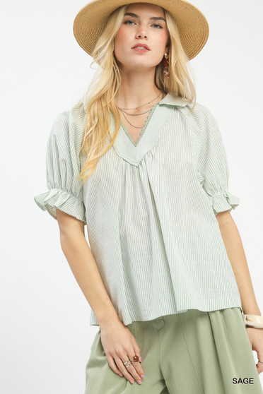 Umgee Pinstripe V-Neck Ruffle Sleeve Blouse