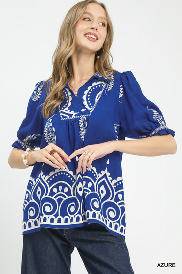 Umgee Printed Puff Sleeve Split Neck Top