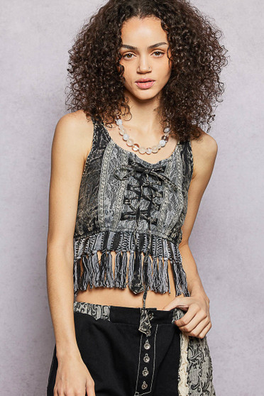 POL Lace-Up Fringe Hem Tank with Lace Detail