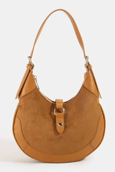 Fame Leather Accent Suede Crescent Shoulder Bag