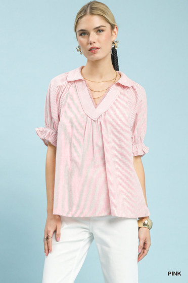 Umgee Pinstripe V-Neck Ruffle Sleeve Blouse