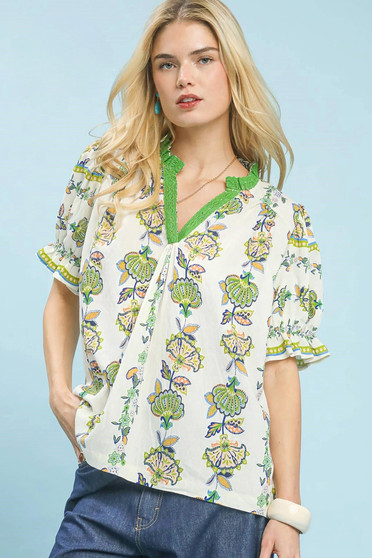 Umgee Abstract Border Print V-Neck Top