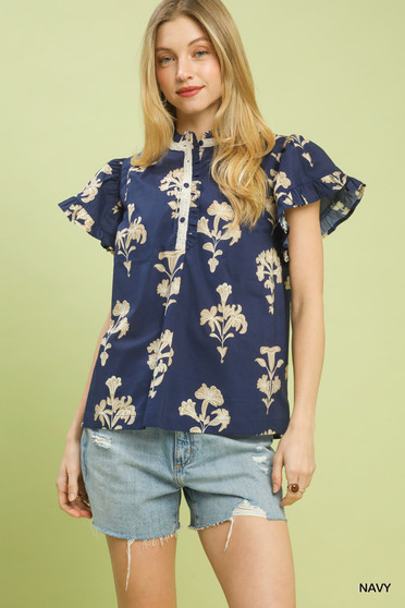 Umgee Floral Ruffle Sleeve Split-Neck Top