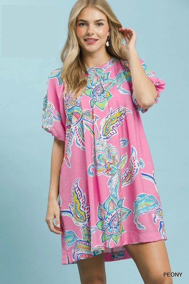 Umgee Boho Floral Print Mini Dress with Pockets