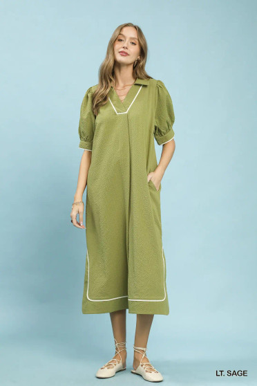 Umgee Seersucker Midi Dress with Contrast Trim