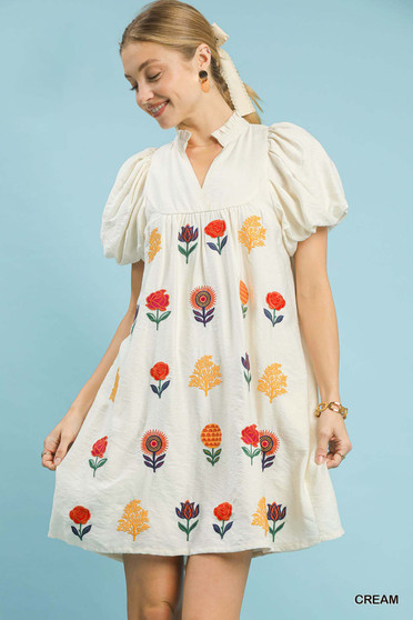 Umgee Floral Embroidered Puff Sleeve Mini Dress