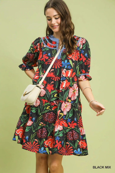 Umgee Floral Tiered Puff Sleeve Dress