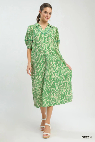 Umgee Printed Puff Sleeve Midi Dress with Pockets