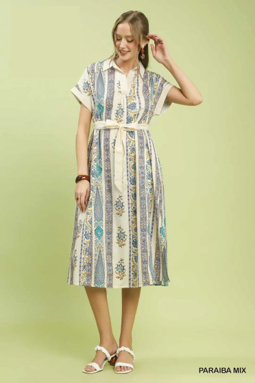 Umgee Vertical Print Tie Waist Midi Dress