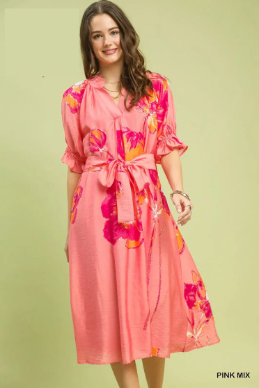 Umgee Floral Flounce Sleeve Midi Dress with Belted