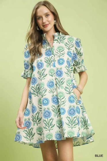 Umgee Floral Puff Sleeve Babydoll Dress with Side Pockets