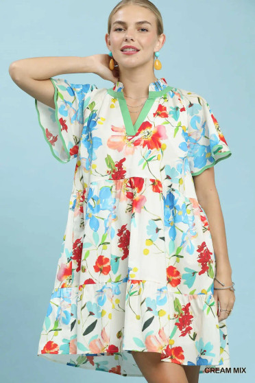 Umgee Watercolor Floral Print Dress with Contrast Trim