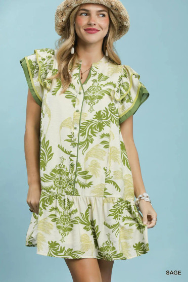 Umgee Toile Print Button-Front Placket Mini Dress with Dropped Ruffle Hem