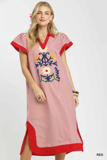 Umgee Floral Embroidered Stripe Dress with Side Slits