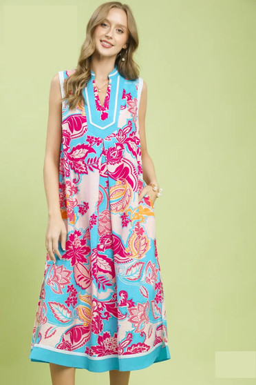 Umgee Floral Sleeveless Midi Dress with Side Pockets
