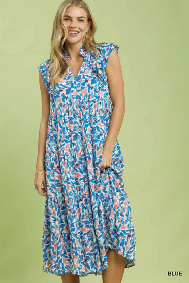 Umgee Leaf Print Midi Tiered Dress with Side Pockets