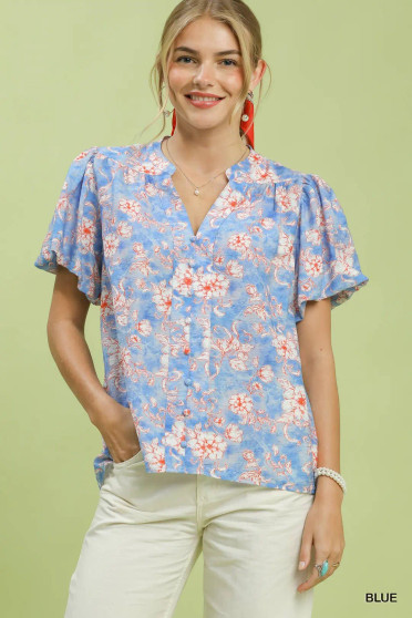 Umgee Floral Button-Front Short Sleeve Shirt