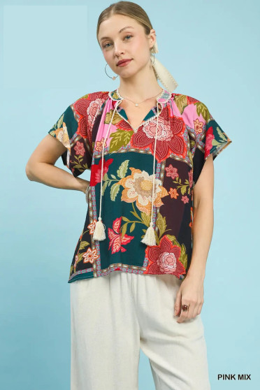 Umgee Mix Floral Patchwork Tassel Tie Top