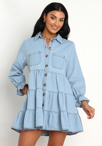 Denim Dress European Fit Single Breasted Turndown Collar Women'S Mid Long Sleeve Casual Dress