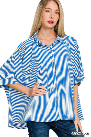 Zenana Oversized Stripe Button Down Shirt